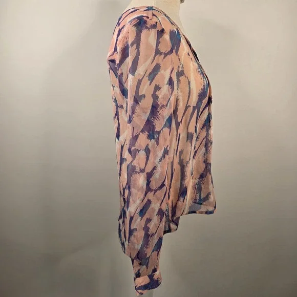 Maeve Anthropologie Silk Blouse SZ 4 Sheer Pink Blue Purple Abstract Long Sleeve - Picture 4 of 13